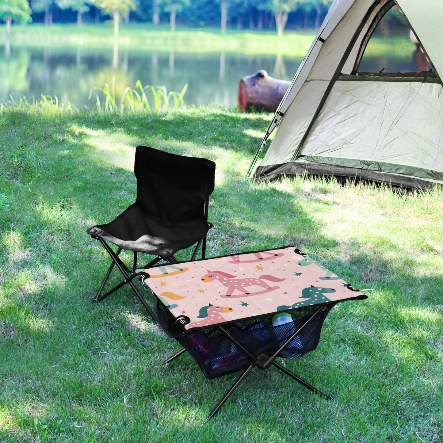 Cartoon Horse and Stars Camping Folding Table Portable Beach Table with Storage Bag Compact Picnic Table for Outdoor Travel Fishing BBQ