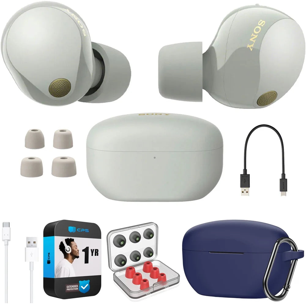 Sony WF-1000XM5 Industry Leading Noise Canceling Truly Wireless Earbuds (Silver) Bundle with Silicone Case (Blue), Memory Foam Ear Tips, USB-A to USB-C Cable & 1 YR CPS Enhanced Protection Pack