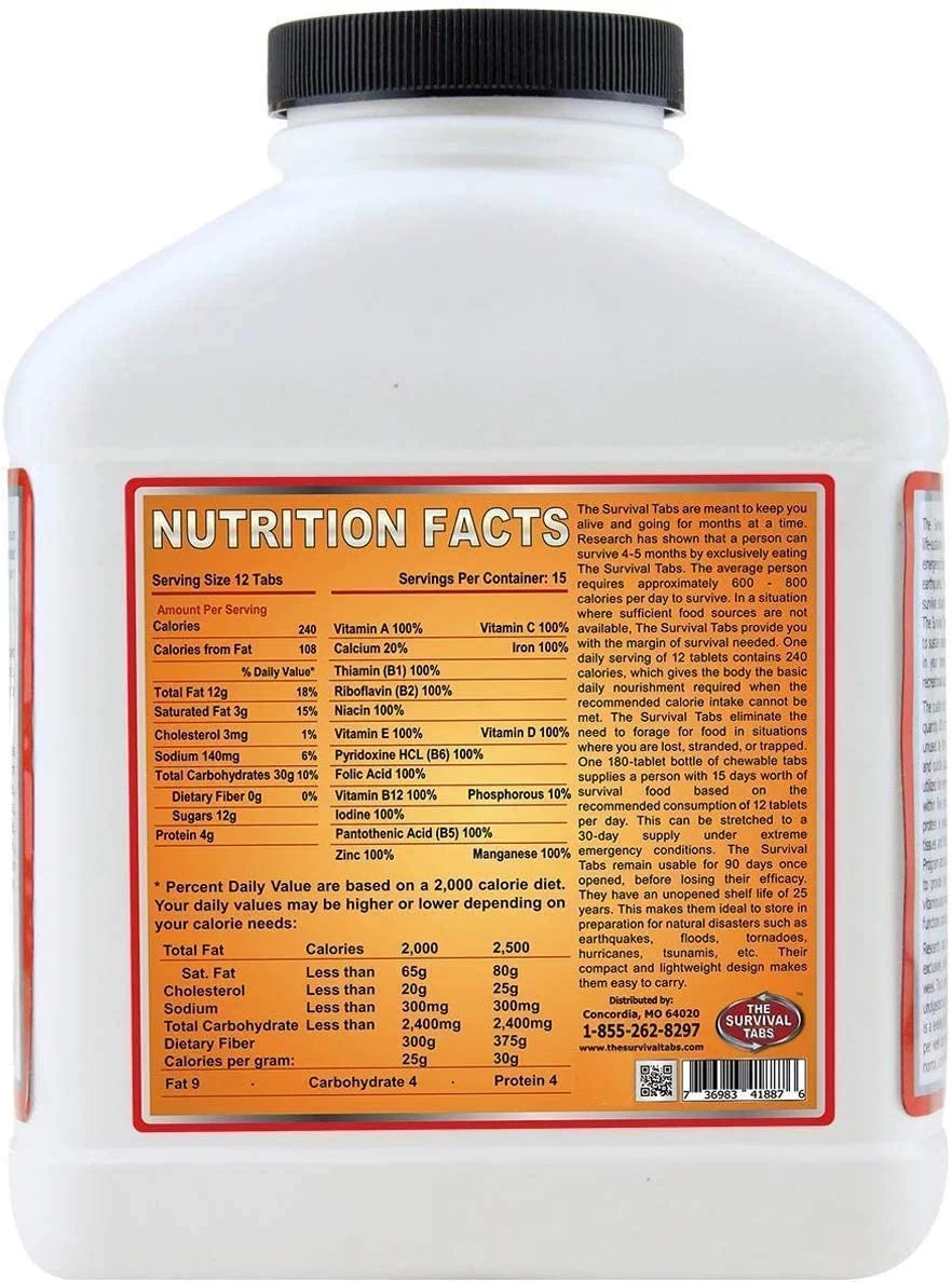 180 tabs Survival Tabs 15-Day Emergency Survival MREs Meals Ready-to-eat Bugout for Travel Camping Boating Biking Hunting Activities Gluten Free and Non-GMO 25 Years Shelf Life - Vanilla Malt Flavor