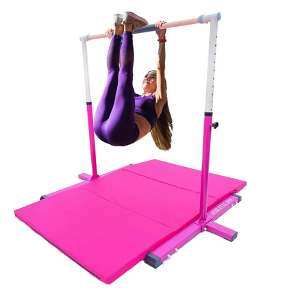 Athletic Bar Expandable Gymnastics Kip Bar for Kids with 6’x4’ Gymnastics Mat and Cushioned Handrail, Height Adjustable 3 to 5 FT Horizontal Bar, Gymnastic Bar for Junior Gymnasts Training Bar Pink