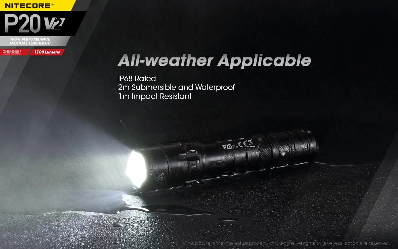 Combo: Nitecore P20 V2 Tactical LED Flashlight - CREE XP-L2 V6 - 1100 Lumens w/NL189 Battery +2x Free Eco-Sensa CR123A Batteries