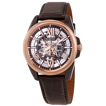 Bulova Men's Automatic Skeleton Dial Brown Leather Strap Watch 98A165