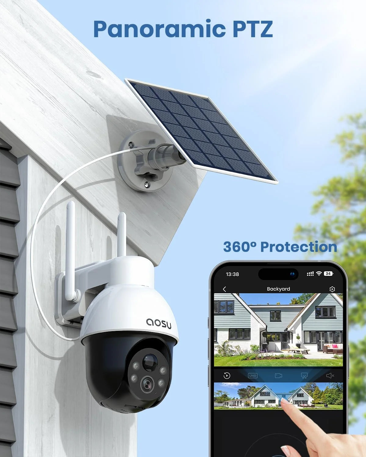 5MP Solar Security Camera, AOSU Wireless Outdoor Camera, 360° Surveillance Camera Color Night Vision,Human/Vehicle Detection,2 Way Talk