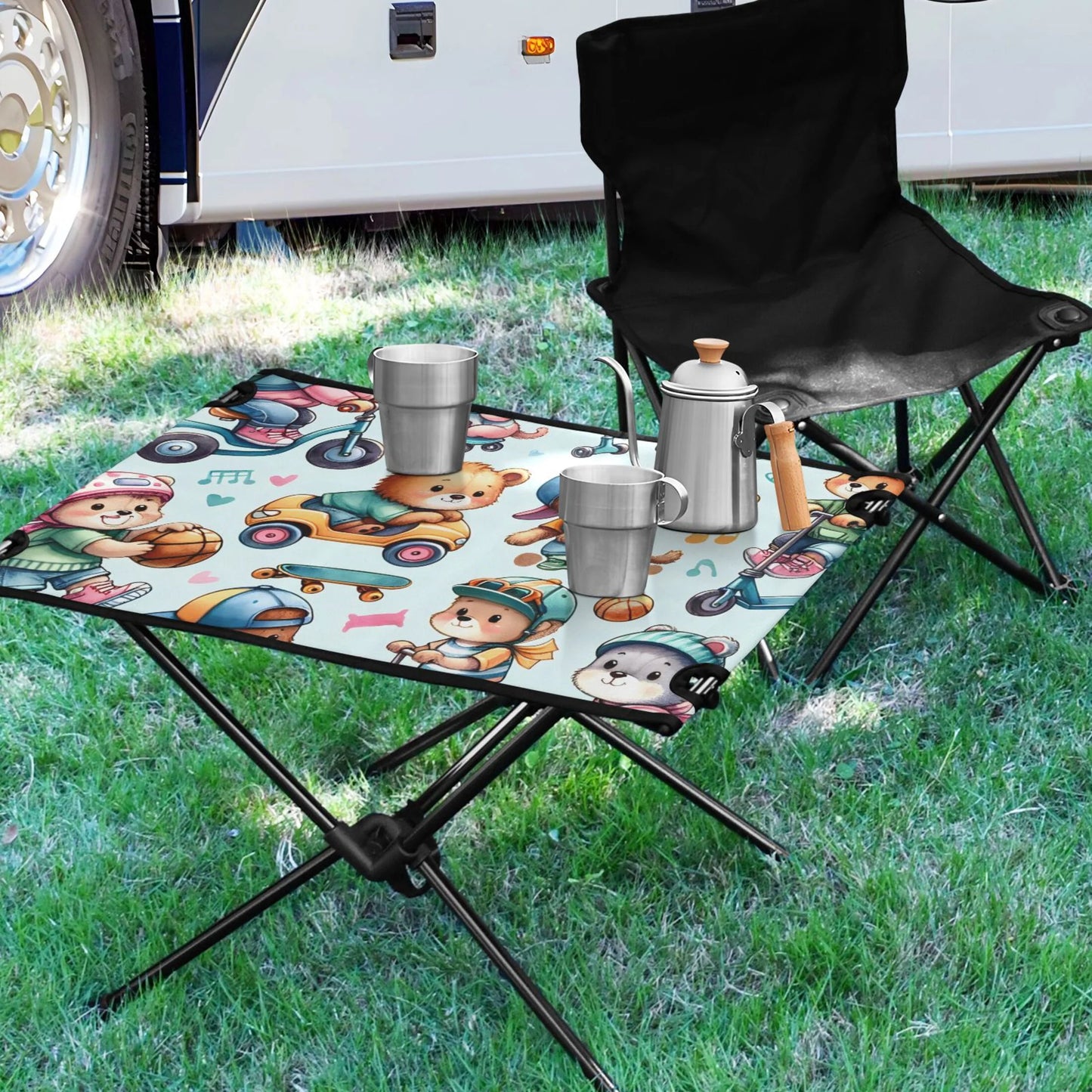 Cartoon Bear Driving Camping Folding Table Portable Beach Table with Storage Bag Compact Picnic Table for Outdoor Travel Fishing BBQ