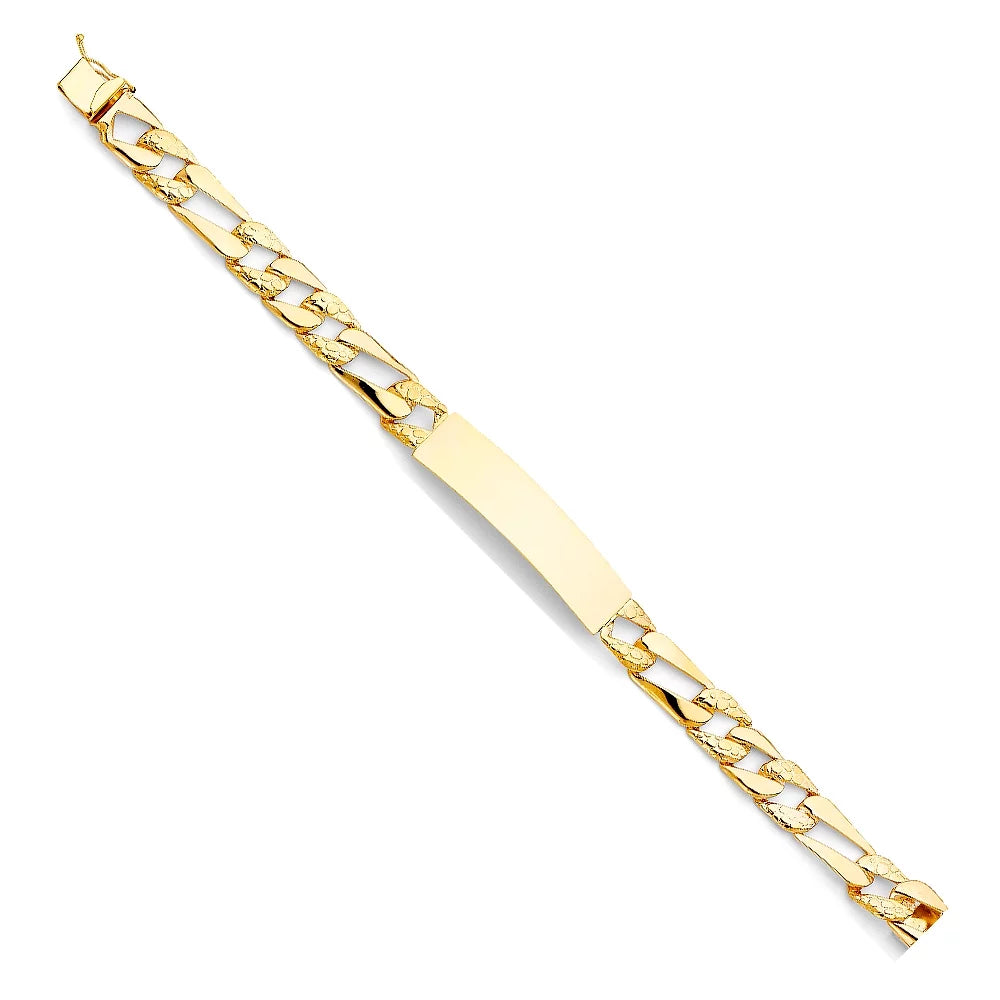 14k Yellow Gold Stamp Nugget Figaro Link ID Bracelet - 8" | Elegant 14KY Gold Chain Bracelets for Women and Men| Weight 13.6 | Men’s Jewelry for Gift