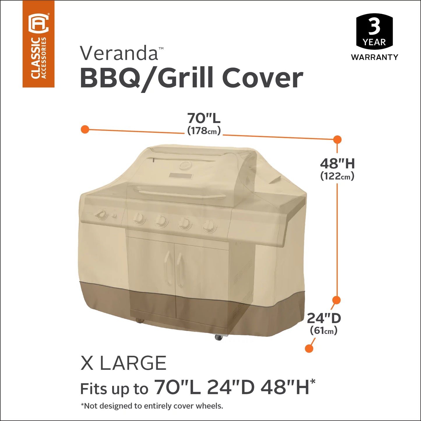 Classic Accessories Veranda Barbecue BBQ Grill Patio Storage Cover, Up to 70" Wide, X-Large