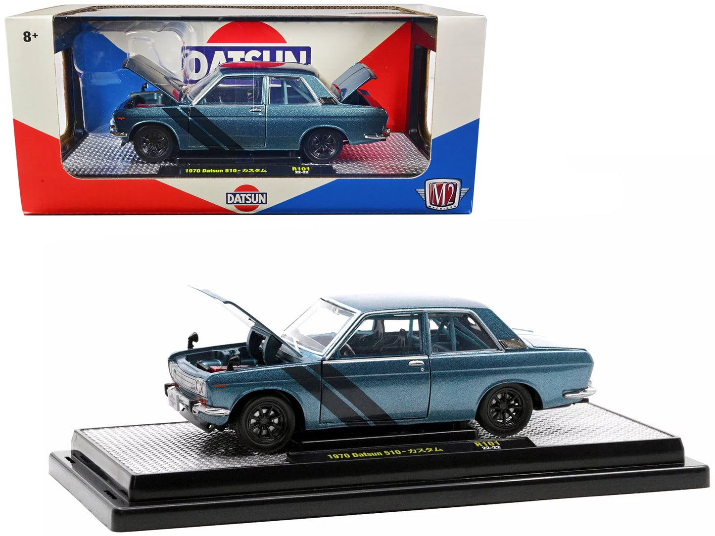 1970 Datsun 510 Blue Metallic with Dark Blue Stripes Limited Edition to 3850 pieces Worldwide 1/24 Diecast Model Car by M2 Machines