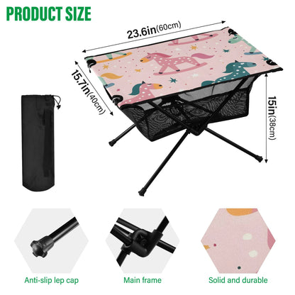 Cartoon Horse and Stars Camping Folding Table Portable Beach Table with Storage Bag Compact Picnic Table for Outdoor Travel Fishing BBQ