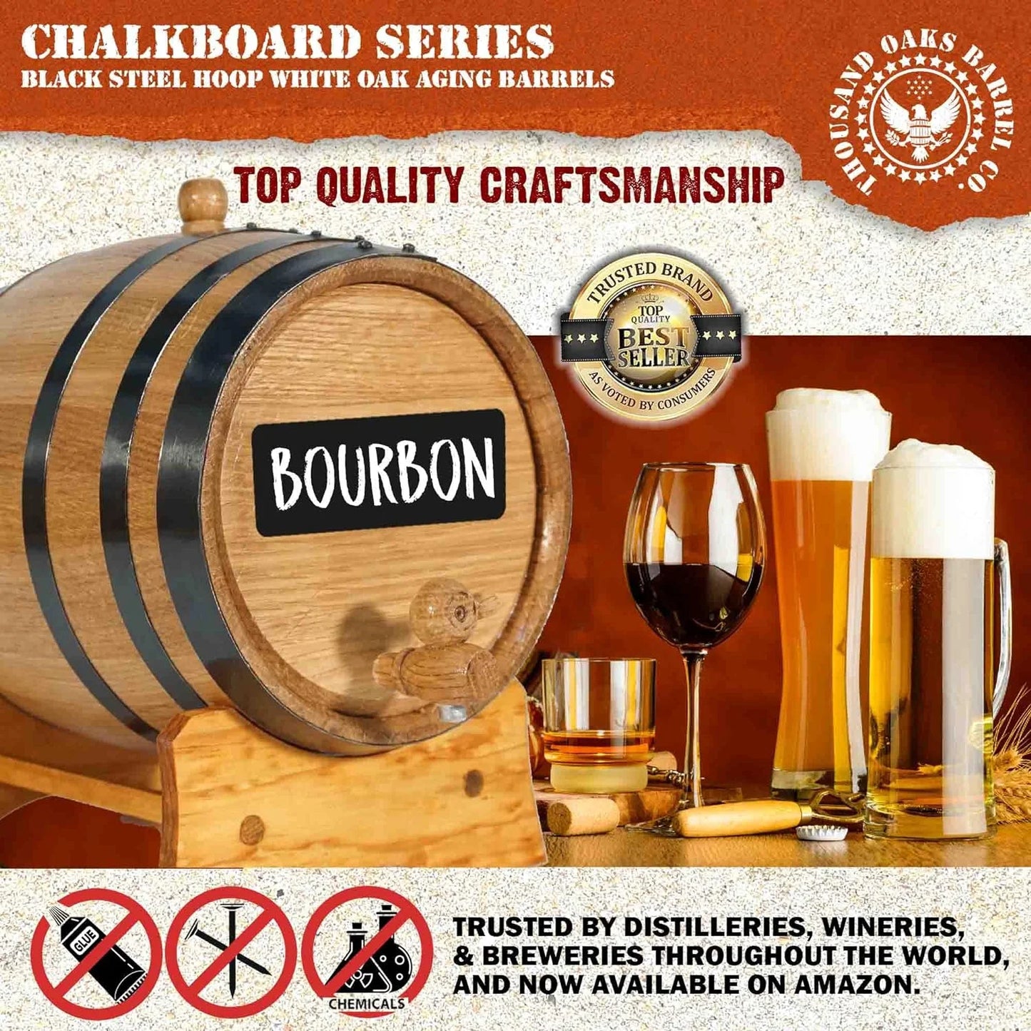 American Oak Barrel (2 Liter) With Chalkboard Front - Charred Mini Keg For Aging cktails, Bourbon, Stch, Whiskey, Gin, Hot Sauce - Home Bar Der By .