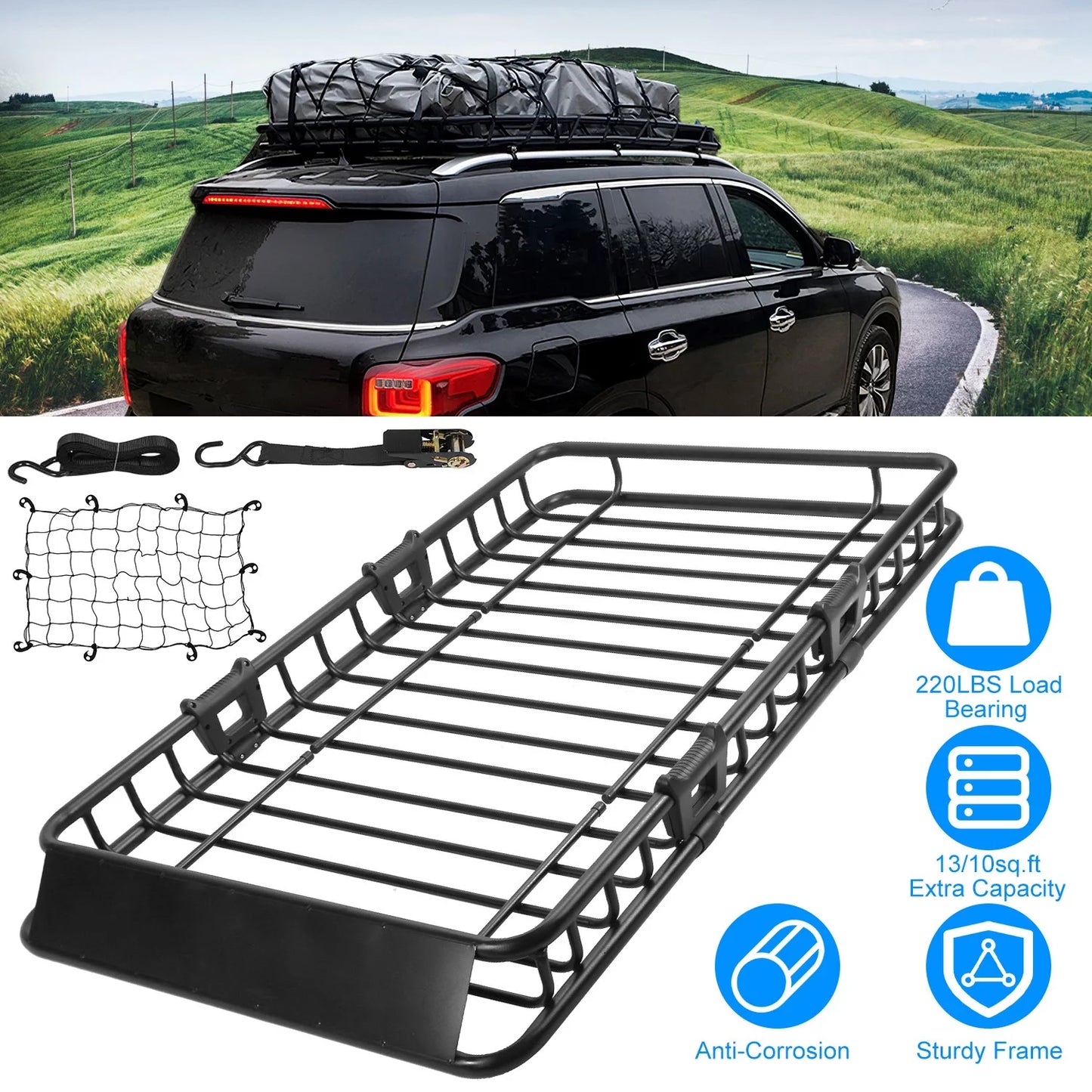 63x39x6.3in Roof Basket, iMounTEK 220LBS Heavy Duty Roof Rack Cargo Basket, Universal Rooftop Cargo Carrier with Hook Strap Elastic Net