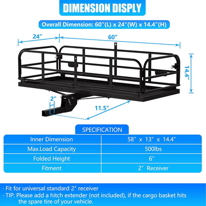 500 Lbs Heavy Duty Hitch Mount Cargo Carrier 60" x 24" x 14.4" Folding Cargo Rack Rear Luggage Basket Fits 2" Receiver for Car SUV Camping Traveling