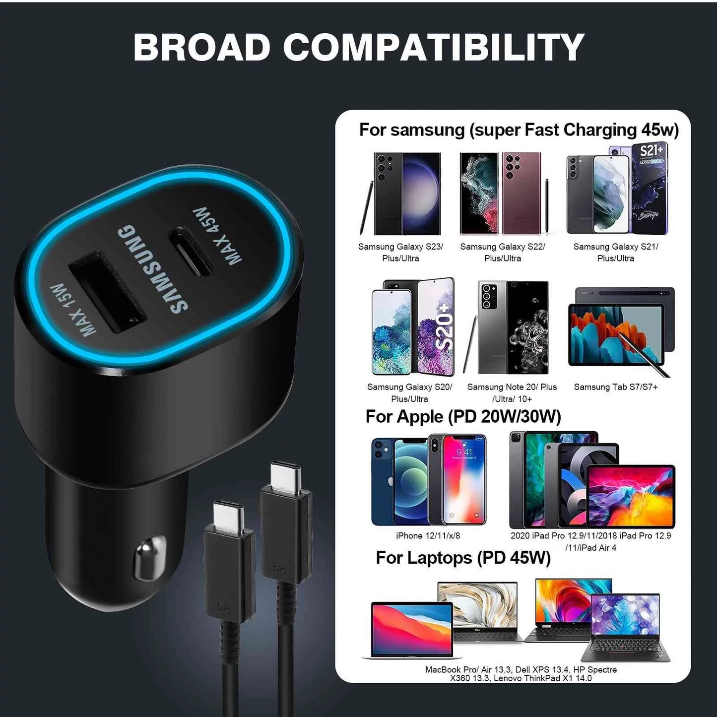 Super Fast Dual Car Charger Usb (45W+15W) Two Ports EP-L5300 Black for Lenovo Legion Y700 (2023)