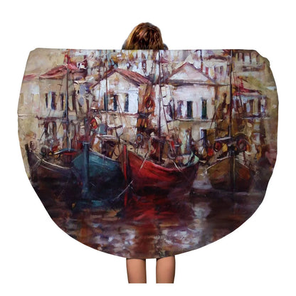 SIDONKU 60 inch Round Beach Towel Blanket Red Roof Boats Island Harbor Oil Painting on Canvas Travel Circle Circular Towels Mat Tapestry Beach Throw