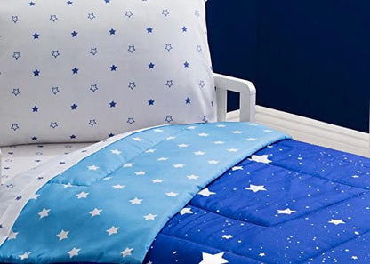 Toddler Bedding Set | Boys 4 Piece Collection | Fitted Sheet, Flat Top Sheet w/ Elastic bottom, Fitted Comforter w/ Elastic bottom, Pillowcase | Delta Children | Boys Starry Night | Blue Stars