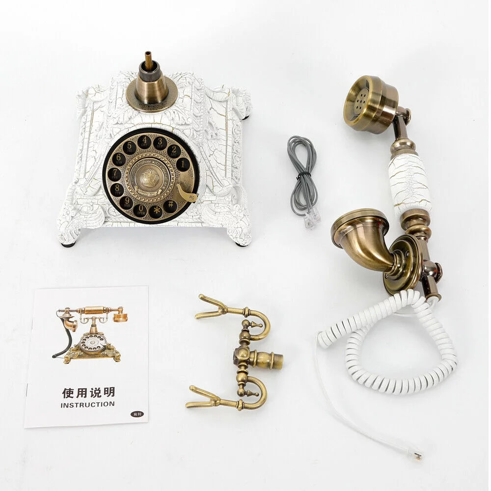 Rotary Dial Telephone Old-Fashioned Retro European Antique Landline Practical Wired Telephone Decoration Resin Desktop Antique Machine Elegant and Chic for Office Hotel Home Decoration (White)