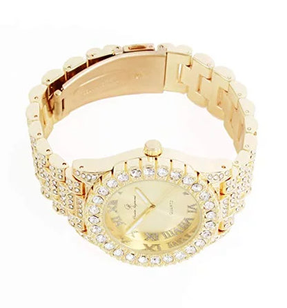 Charles Raymond Women's Big Rocks Blinged Out Dial with Roman Numerals Fully Iced Out Hip Hop Wristwatch - ST10327LA (Gold-Gold)