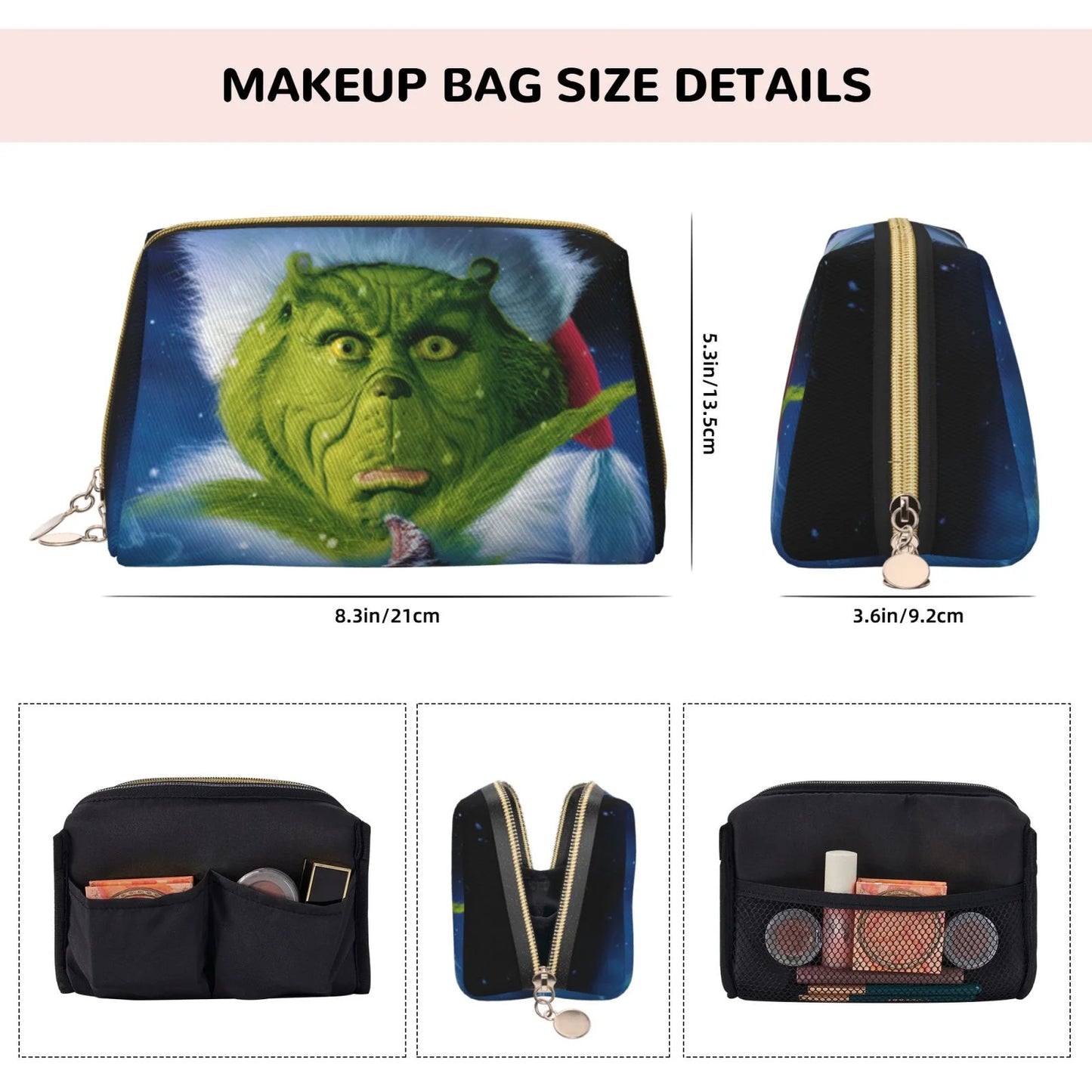 The Grinch Christmas Cosmetic Bag Makeup Organizer Leather Portable Pouch Gift Travel Toiletry Bag Storage Purse