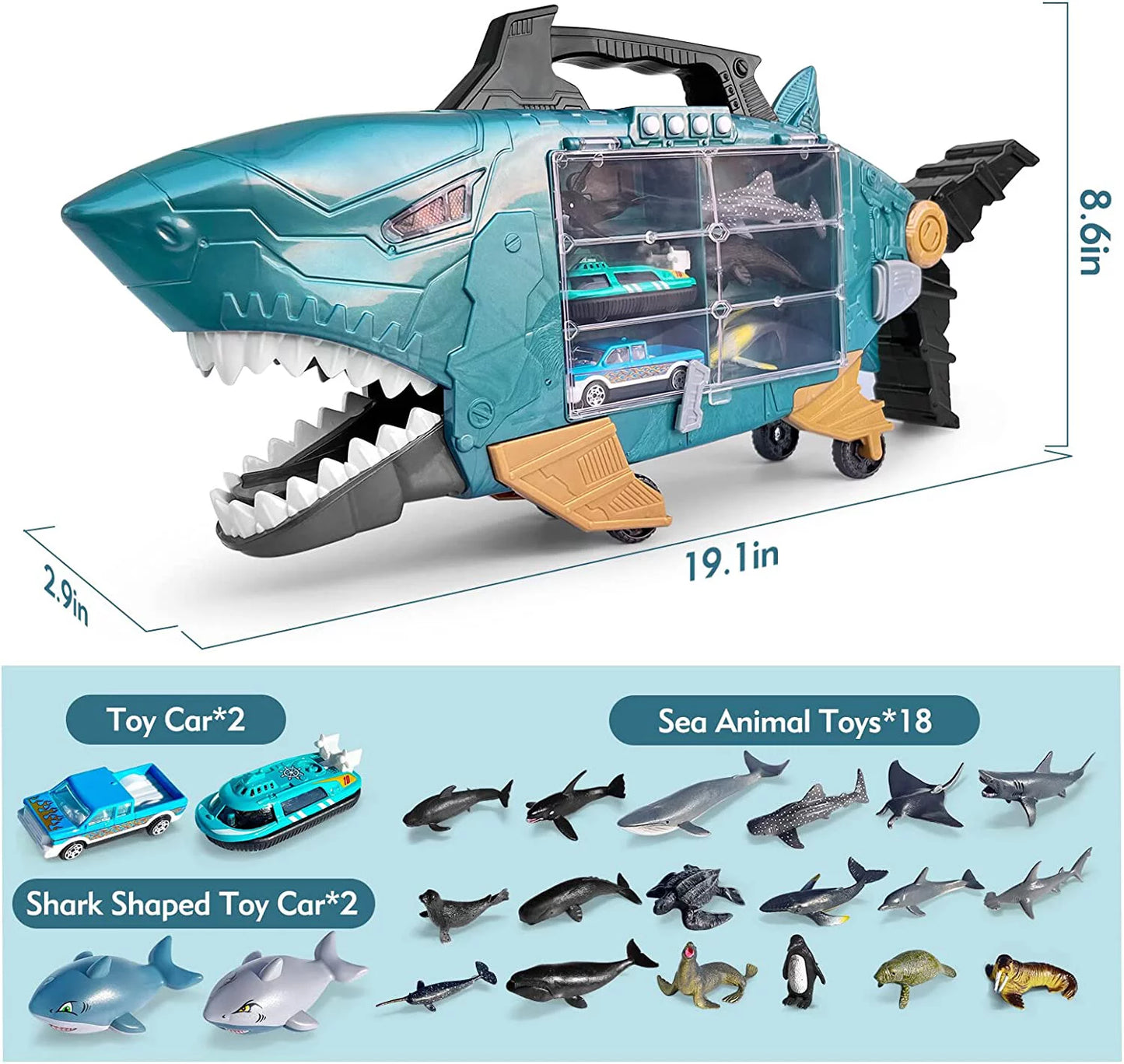 Shark Toys with led, Music Ocean Animals Toys, Shark Truck Toys with 2pcs Toy Trucks, 2pcs Shark Cars,18pcs sea Animal Toys for 3+ Year Old Kids