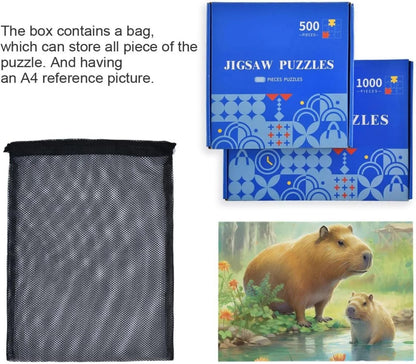 1000 PCS Capybara Family Jigsaw Puzzle, Paper Wood Composite Material Zigsaw with Storage Bag, Puzzle for Adults, Fun Challenging Brain Exercise Family Game Gift for Kids Friends Parents