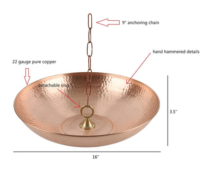 U-nitt Rain Chains 16" Anchoring Catch Basin/Receptacle/Bowl/Dish/Anchor, Pure Copper, Hammered, Metal, for Roof Gutter Rain Chain Installation, A Decorative Fountain Dish, A Bird Bath/Birdbath, 976