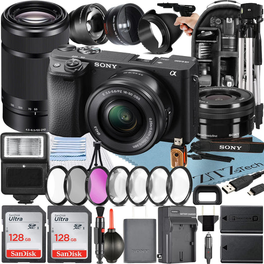 Sony Alpha a6400 Mirrorless Digital Camera with E PZ 16-50mm + E 55-210mm OSS Lens + 2 Pack SanDisk 128GB Card + Backpack + ZeeTech Accessory Bundle