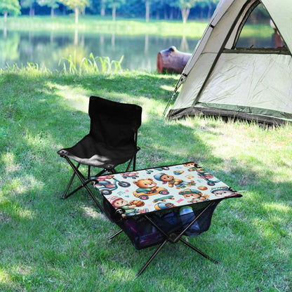 Cartoon Bear Driving Camping Folding Table Portable Beach Table with Storage Bag Compact Picnic Table for Outdoor Travel Fishing BBQ