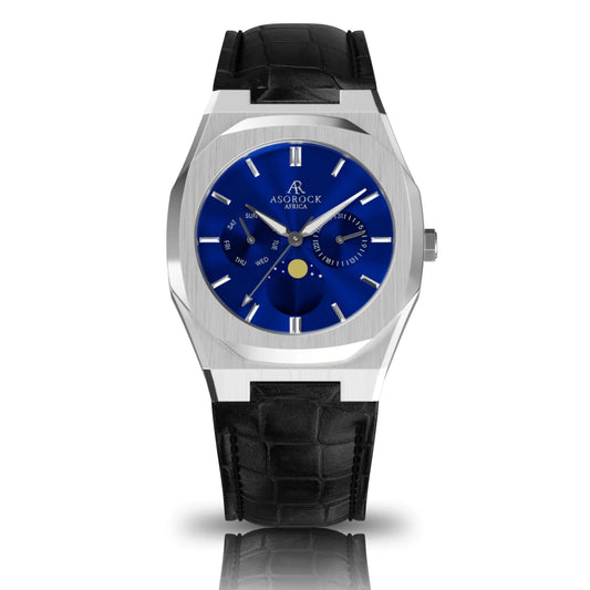 Asorock watches | Black leather Silver/Blue Transporter | 40mm mens watch | Black owned watch brand