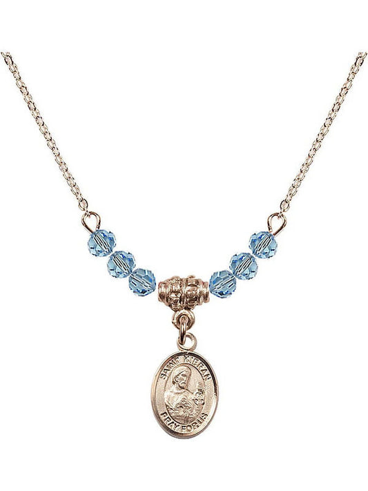 18-Inch Hamilton Gold Plated Necklace with 4mm Blue March Birth Month Stone Beads and Saint Kieran Charm