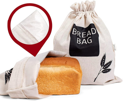 Baodeli 2 X Bread Bags for Homemade Bread - Plastic Lined, Reusable Linen Cloth Saver Bag For Sourdough & Homemade Bread Storage - 17" x 13" XL