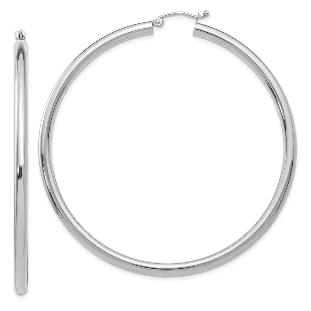 Real 14kt White Gold Polished 3mm Tube Hoop Earrings; for Adults and Teens; for Women and Men