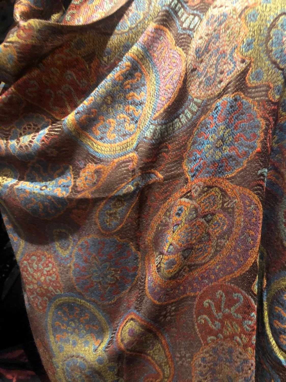 Vintage Brown Orange Paisley Brocade Pashmina Scarf Wrap