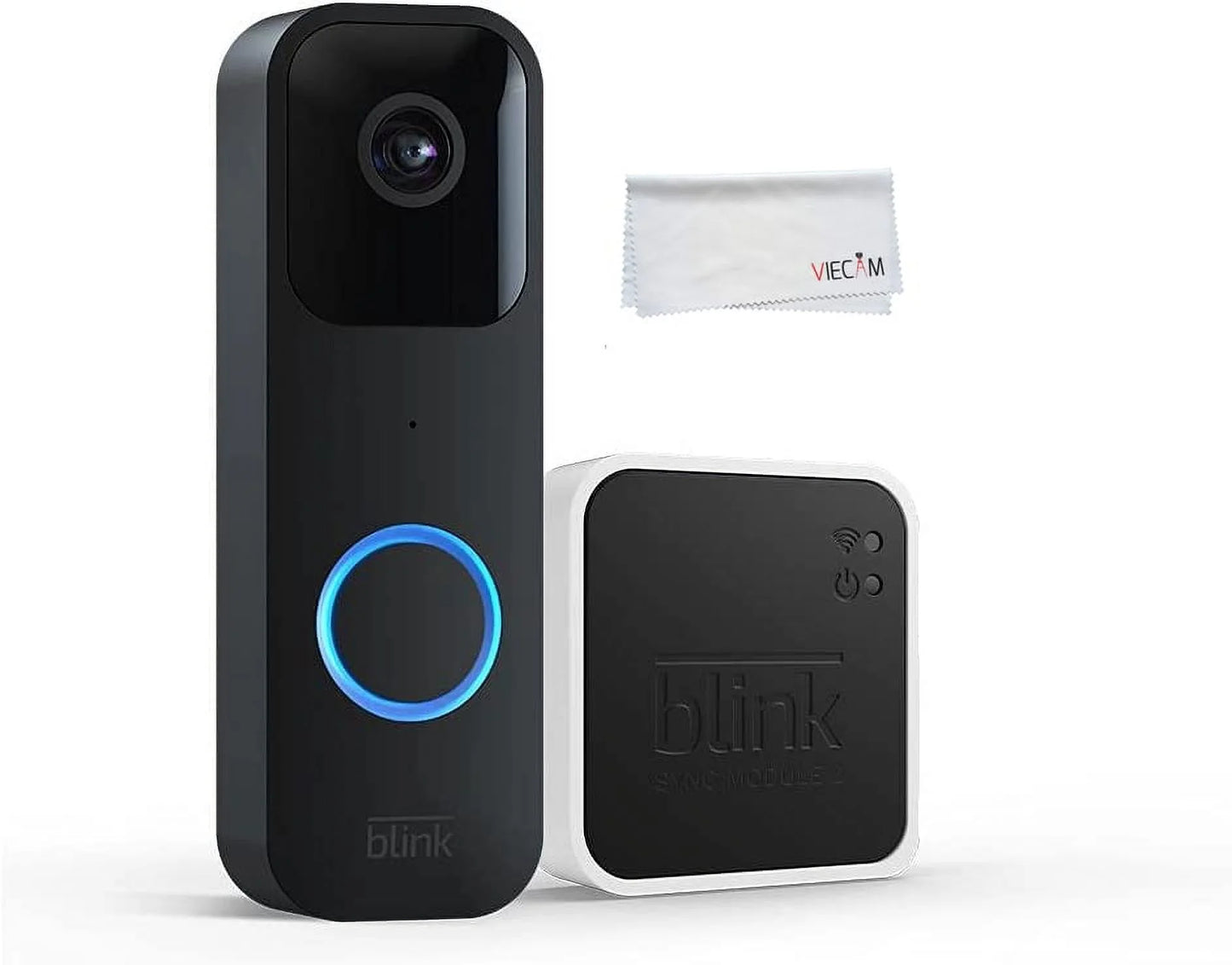 Blink Video Doorbell + Sync Module 2 +VIECAM Cleaning Cloth | Two-year battery life, Two-way audio, HD video, motion and chime app alerts and Alexa enabled — wired or wire-free (Black)