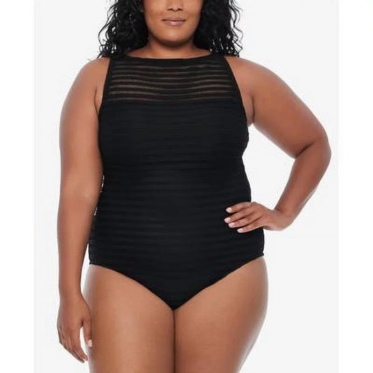 Ralph Lauren BLACK Plus Size Ottoman Boatneck One Piece Swimsuit, US 20W