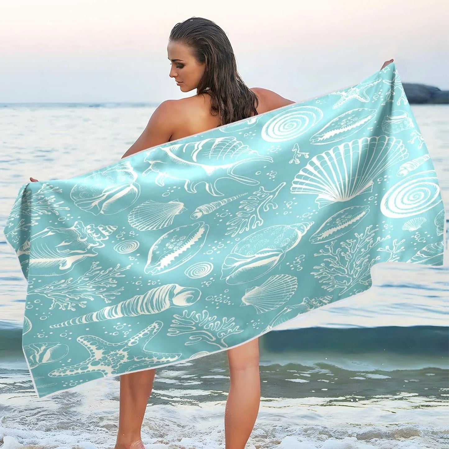 Bestwell Coral Seashell Beach Towel Oversized Towel Blanket, Thin Lightweight Microfiber Sand Free Quick Dry Towel, 30”X60” Multipurpose Pool Bath Yoga Swim Shower Towel