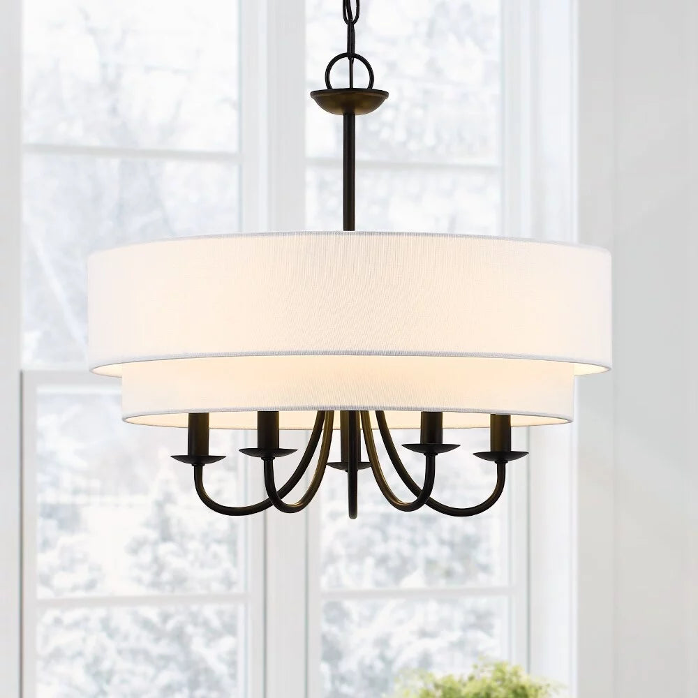 TRUE FINE Martina 5-Light Black Chandelier Light with White Double Drum Shade - 21.5"W