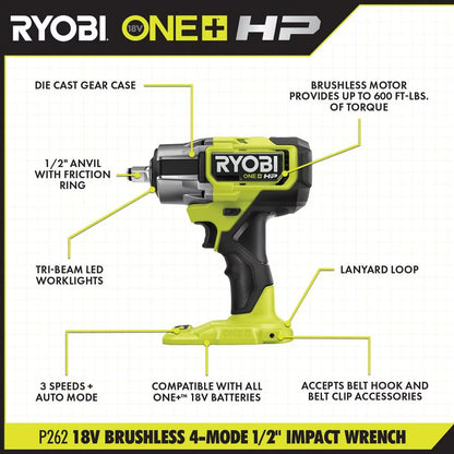 RYOBI ONE+ HP 18V Brushless Cordless 4-Mode 1/2 in. Impact Wrench (Tool Only) (P262)