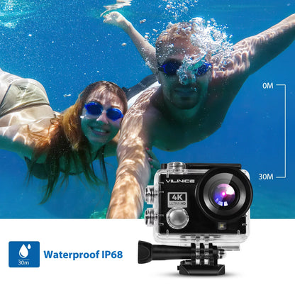 VILINICE Action Camera, 4K WiFi Camera with EIS 30m Underwater Waterproof Cameras for Snorkeling, Sports Camera with 16MP Sony Sensor, Camera Compatible Case, Remote Control for Gift, Travel