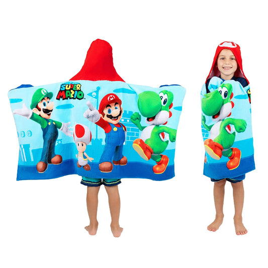 Super Mario Bath/Pool/Beach Soft Cotton Terry Hooded Towel Wrap, 24 in x 50 in, By Franco Kids