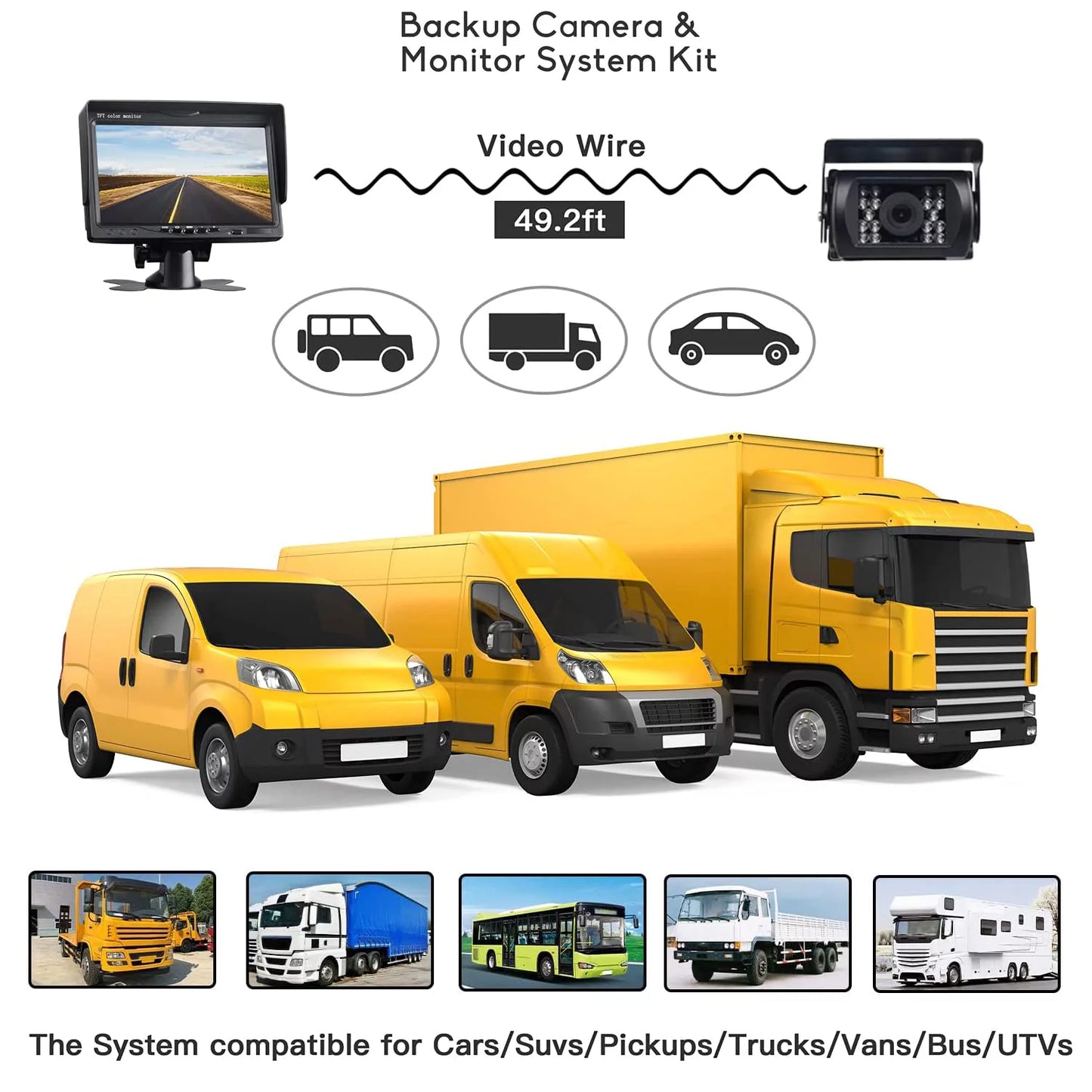 Car Reversing Camera Kit 7" TFT LCD Monitor 12V-24V Night Vision Waterproof RearView Backup Camera