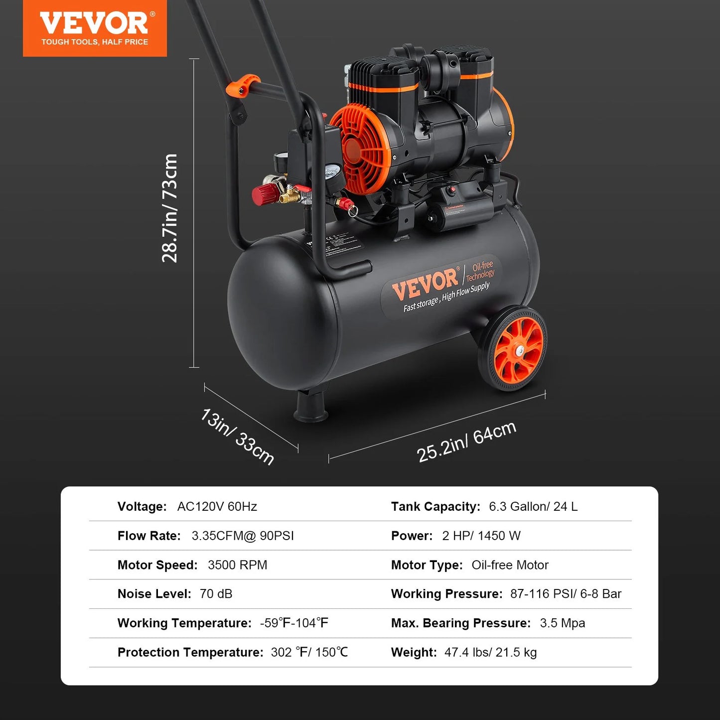 VEVOR Ultra Quiet Air Compressor, 6.3 Gallon, 1450W, 3.35 CFM @ 90PSI, Oil-Free, 70 dB