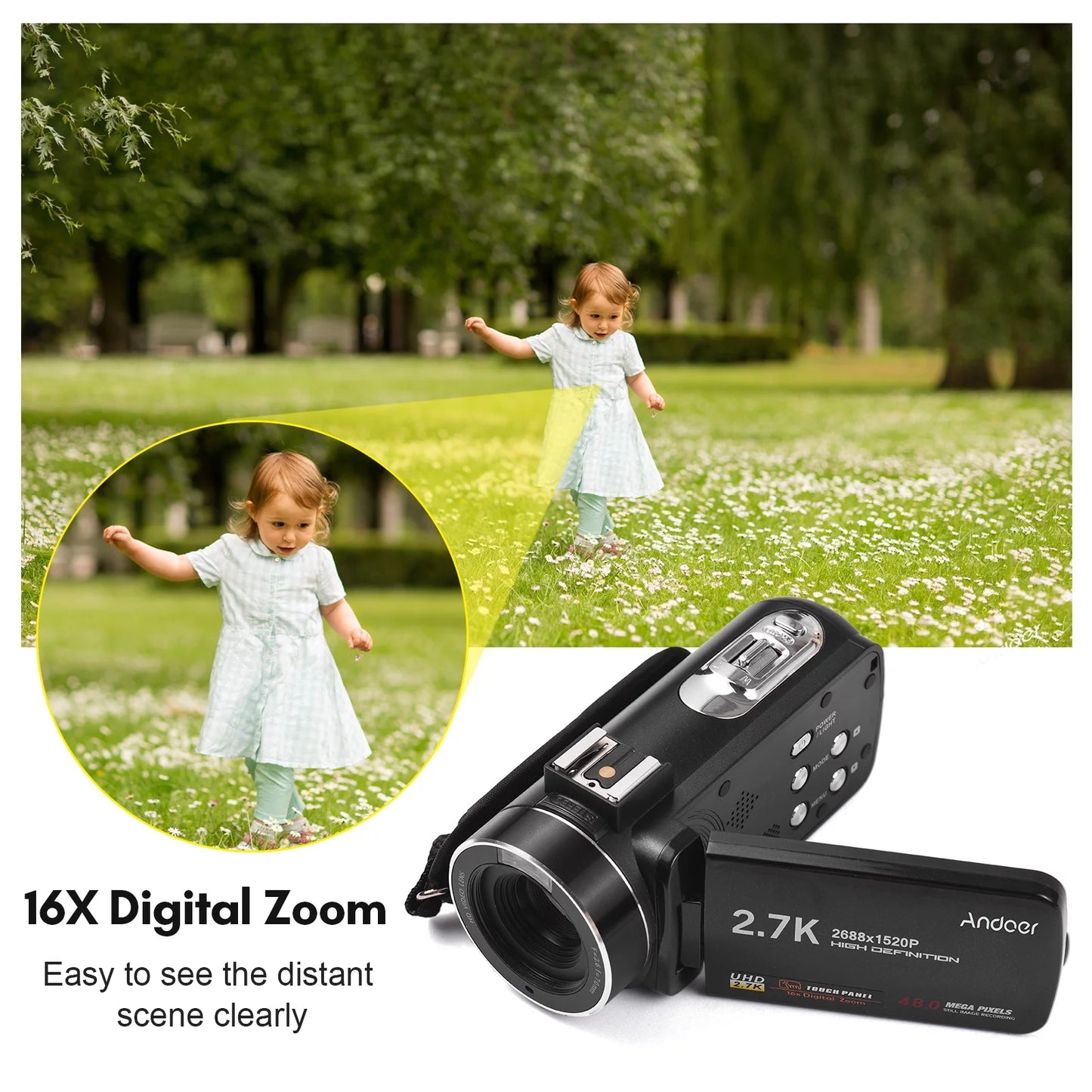 Andoer 2.7K Digital Video Camcorder DV Recorder 48MP 16X Digital Zoom 3.0 Inch IPS Touch Panel Supports Face Detection Beauty Face Smile Capture -shake with 2pcs Batteries + Remote Control