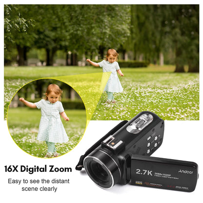 Andoer 2.7K Digital Video Camcorder DV Recorder 48MP 16X Digital Zoom 3.0 Inch IPS Touch Panel Supports Face Detection Beauty Face Smile Capture -shake with 2pcs Batteries + Remote Control