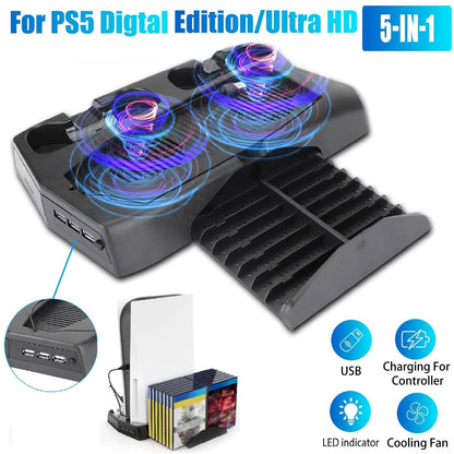 Charging Dock For PS5 Controller w/Console Stand Cooling Fans 14 Games Disk Slot