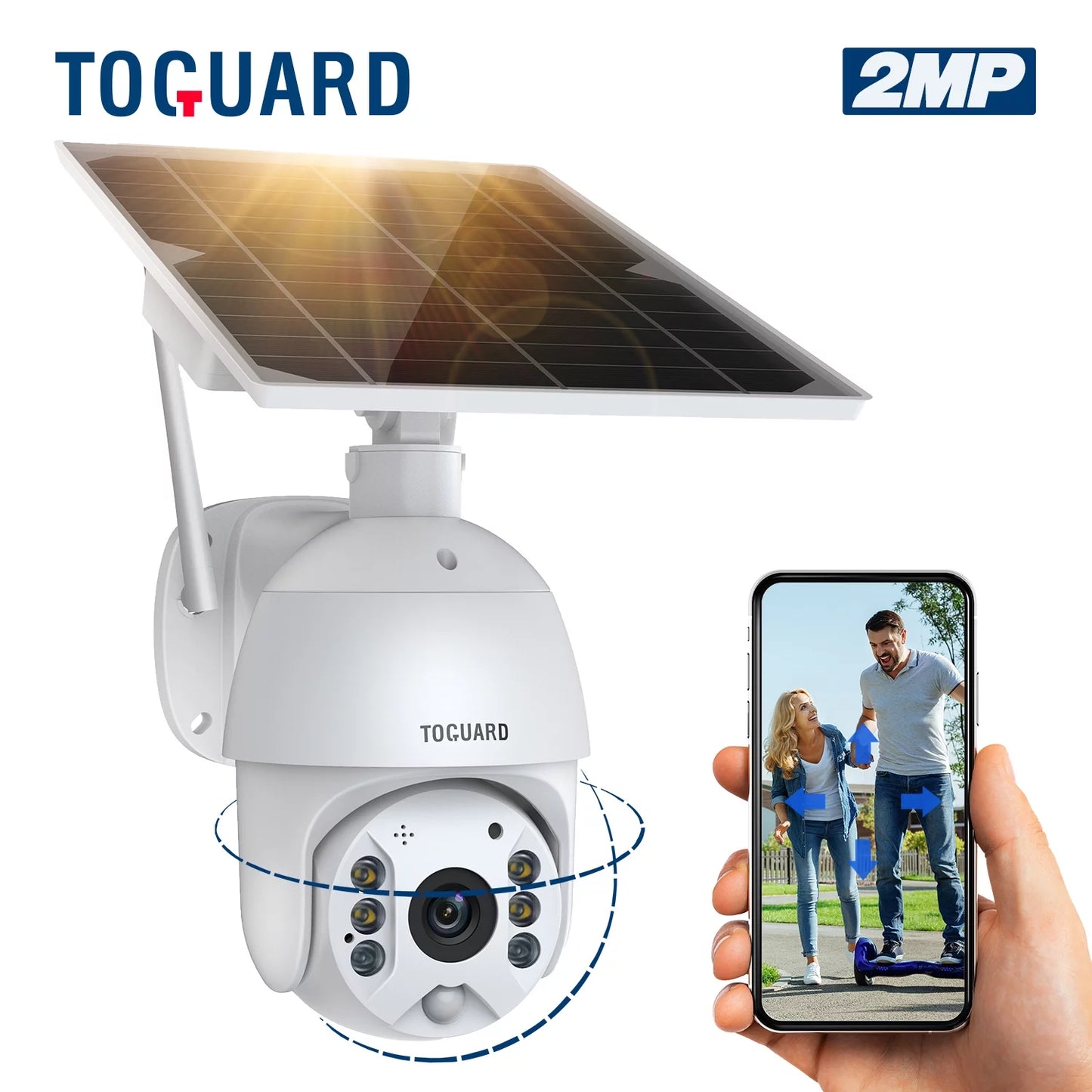 TOGUARD PTZ Solar Security Camera Wireless Outdoor with 15600mAh Battery, Wifi 1080P Dome Surveillance Camera with PIR Motion Detection, Color Night Vision, 2-Way Audio