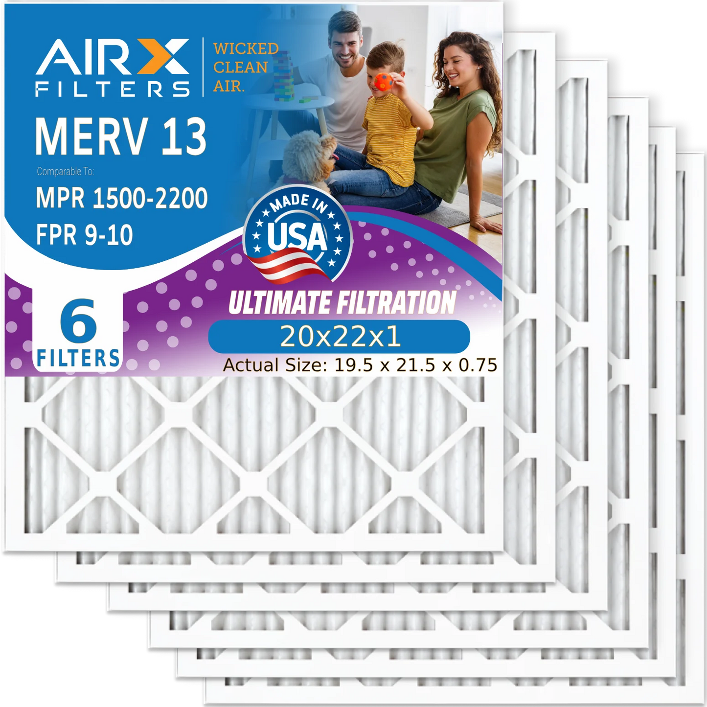 20x22x1 Air Filter MERV 13 Comparable to MPR 1500 - 2200 & FPR 9 Electrostatic Pleated Air Conditioner Filter 6 Pack HVAC AC Premium USA Made 20x22x1 Furnace Filters by AIRX FILTERS WICKED CLEAN AIR.