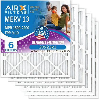 20x22x1 Air Filter MERV 13 Comparable to MPR 1500 - 2200 & FPR 9 Electrostatic Pleated Air Conditioner Filter 6 Pack HVAC AC Premium USA Made 20x22x1 Furnace Filters by AIRX FILTERS WICKED CLEAN AIR.