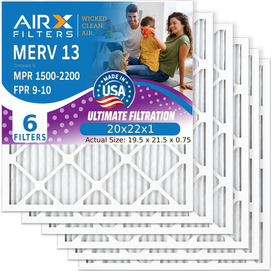 20x22x1 Air Filter MERV 13 Comparable to MPR 1500 - 2200 & FPR 9 Electrostatic Pleated Air Conditioner Filter 6 Pack HVAC AC Premium USA Made 20x22x1 Furnace Filters by AIRX FILTERS WICKED CLEAN AIR.