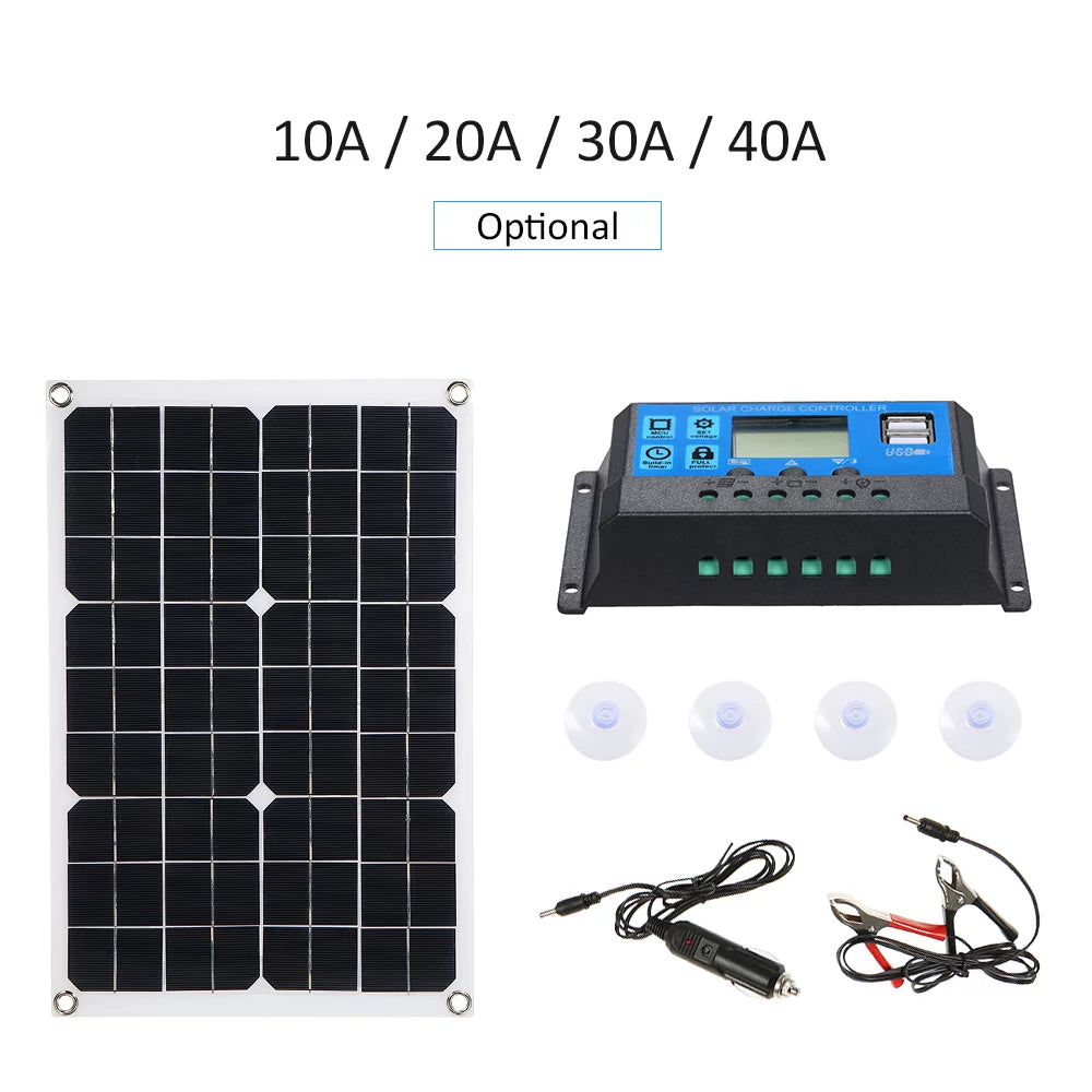 50W DC 5V/18V Dual Output Solar Panel with 2 USB Ports & Car Charge IP65 Water Resistance /24V Solar Charge Controller PWM Intelligent Regulator