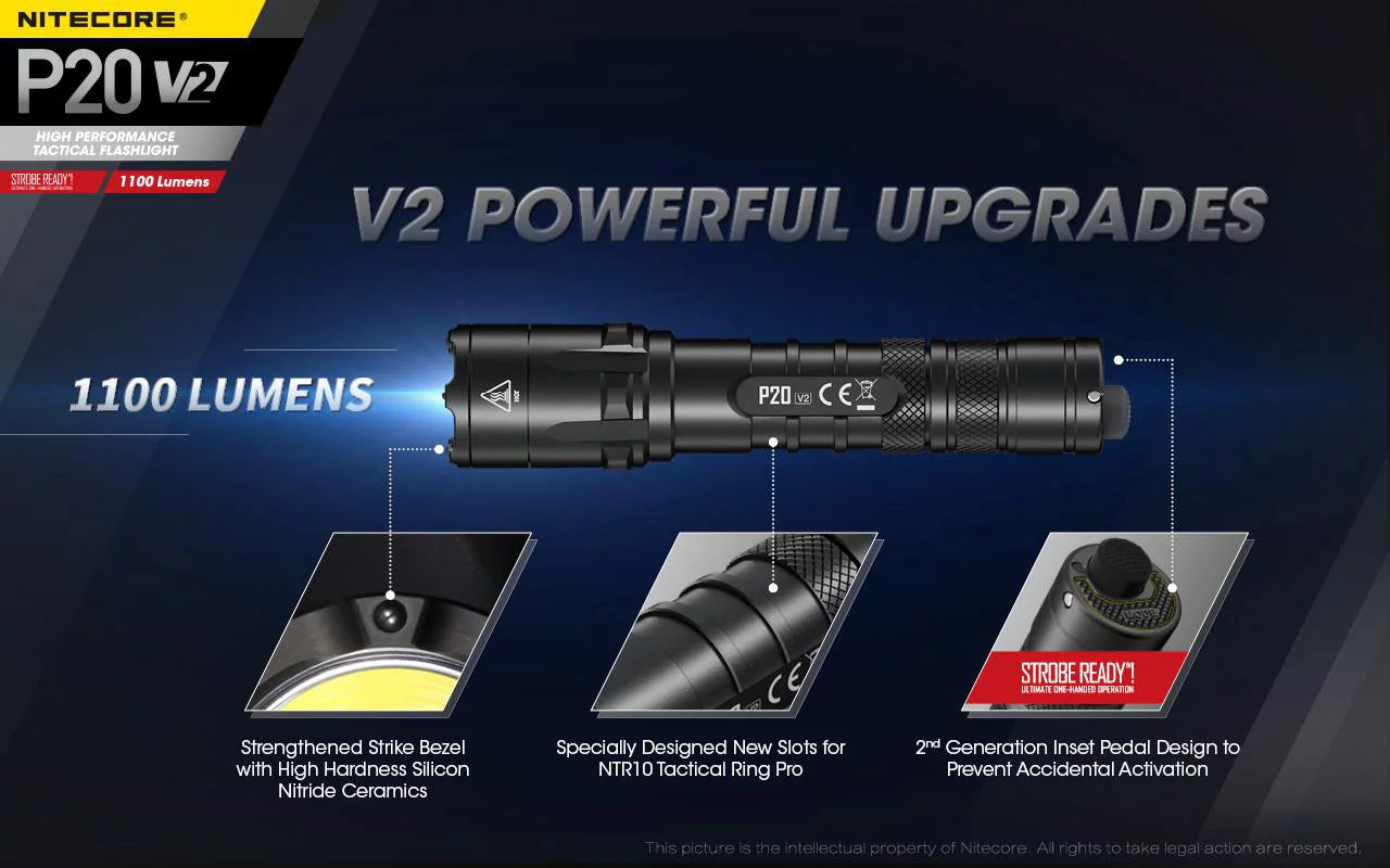 Combo: Nitecore P20 V2 Tactical LED Flashlight - CREE XP-L2 V6 - 1100 Lumens w/NL189 Battery +2x Free Eco-Sensa CR123A Batteries