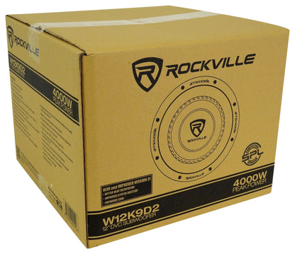 (2) Rockville W12K9D2 V3 12" 8000 Watt Subwoofers+Sealed Sub Box+Mono Amplifier+Amp Kit